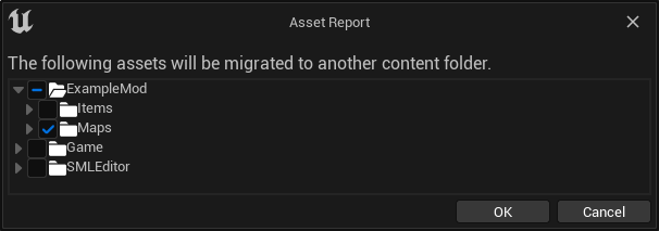 Screenshot of Asset Migrator popup with unwanted content deselected