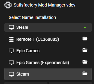 Screenshot of open dropdown picker showing multiple game installs listings