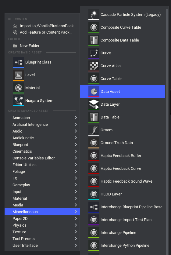 Screenshot of creating a new Data Asset in the editor