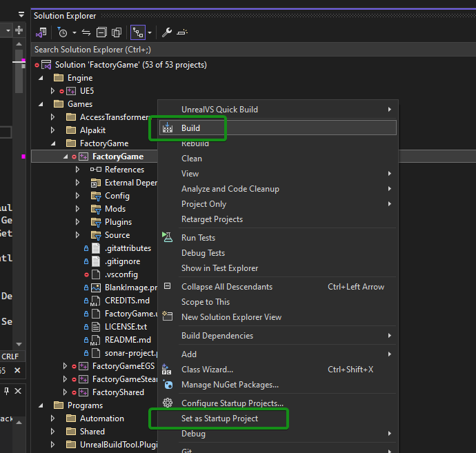 Build FactoryGame from Solution Tree menu