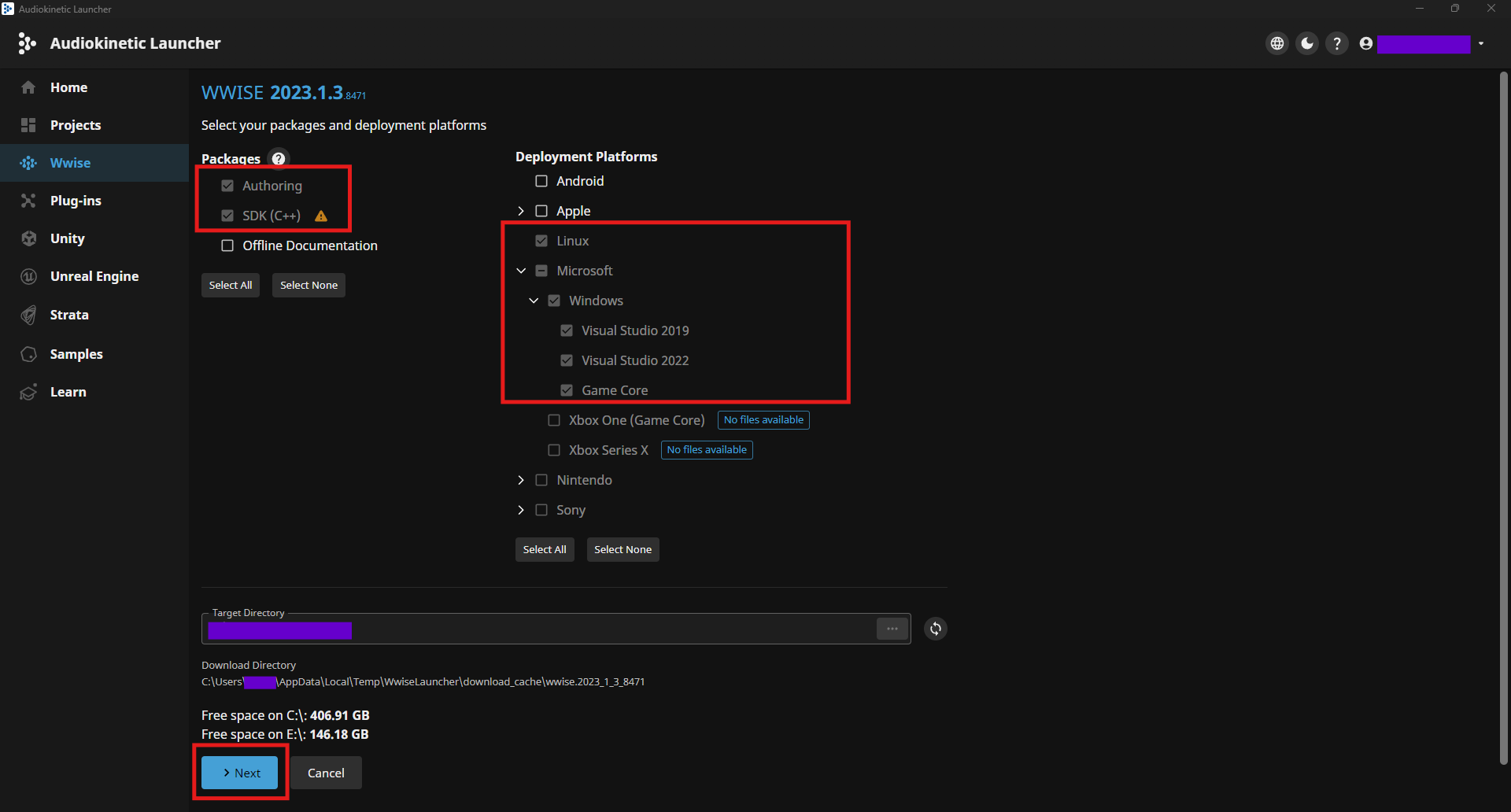 Select Wwise packages screenshot