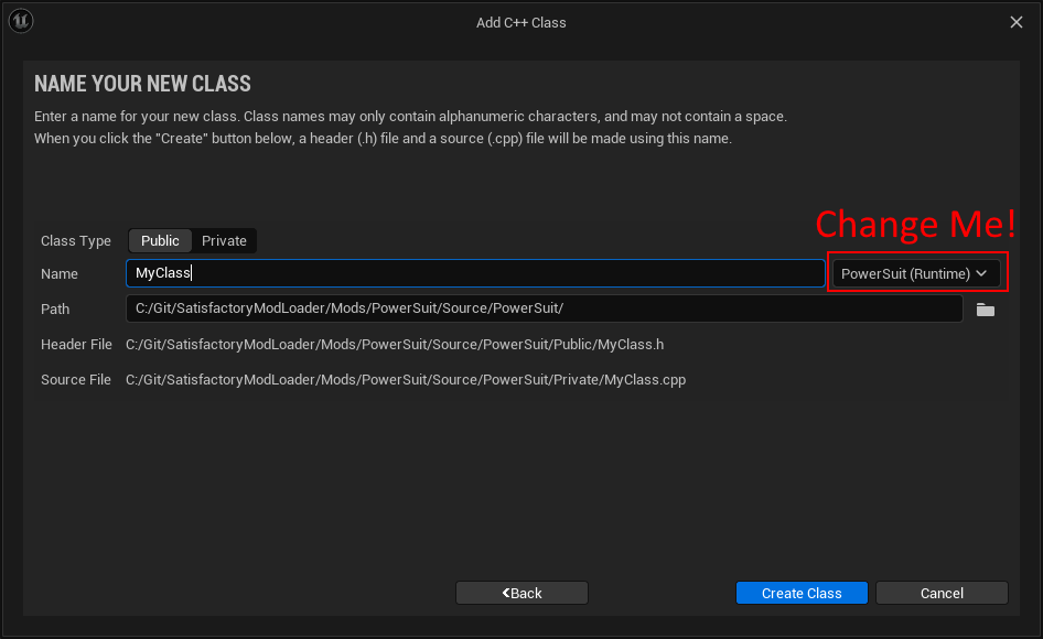 Screenshot of unreal editor class creation pop-up