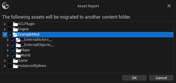 Screenshot of Asset Migrator popup with unwanted content deselected
