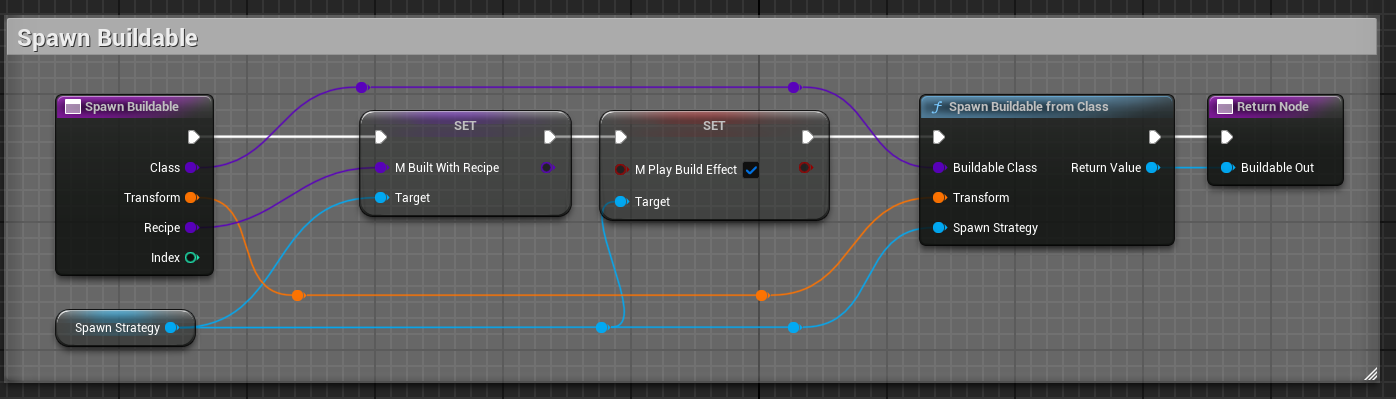Screenshot of blueprint code to spawn lightweight buildables