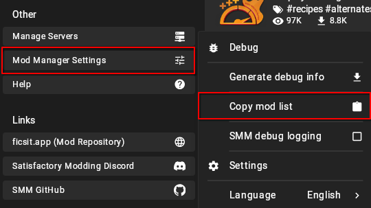 Screenshot of the "Copy Mod List" button in the "Mod Manager Settings" menu
