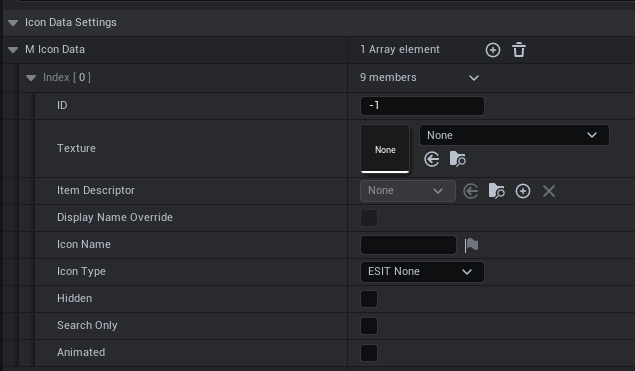 Screenshot of newly created Icon Data array element