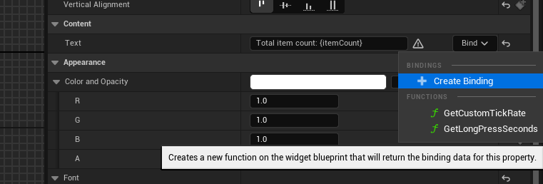 Create text element function binding editor screenshot