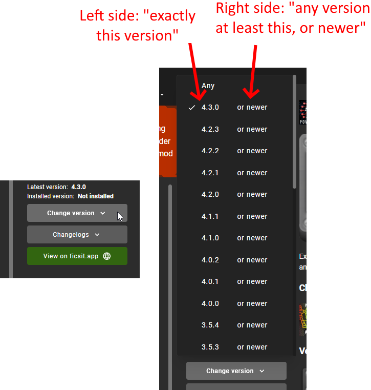 Annotated screenshot of selecting a specific mod version to install
