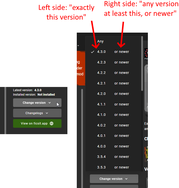 Annotated screenshot of selecting a specific mod version to install